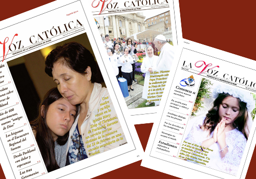 Portada de las tres ediciones consecutivas de La Voz Católica que los jueces examinaron antes de otorgarle el tercer lugar entre las mejores publicaciones en español de todo el país.