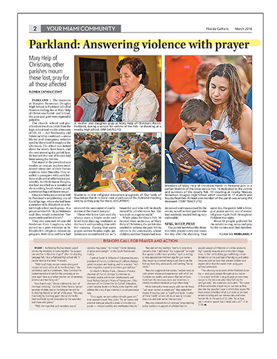 Both newspapers won for their team coverage of the aftermath of the Parkland school shooting. The Florida Catholic won first place for its coverage in three categories: Coverage of Violence in Our Communities, Online Content Not Published in Print, and Web and Print Package. La Voz’s Parkland coverage won second place among Spanish language publications for Coverage of Violence in our Communities.