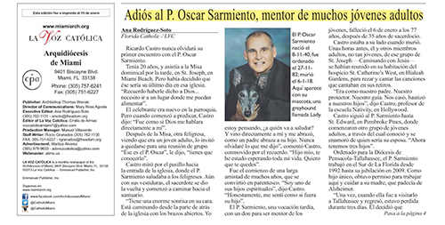 Miami editor Ana Rodriguez-Soto, who also serves as executive editor of La Voz, won honorable mention in English for Best Reporting on Vocations for her obituary, “Father Oscar Sarmiento: dedicated mentor to young adults,” which appeared in the January 2018 edition. That same story earned her a second place in Spanish in the category of Best Personality Profile.