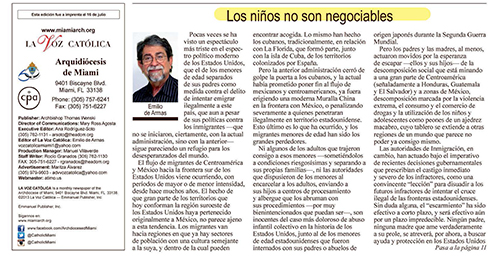 El editor de La Voz Católica, Emilio de Armas, ganó un tercer lugar a Mejor Editorial por su artículo, "Los niños no son negociables", que apareció en la edición de julio de 2018.