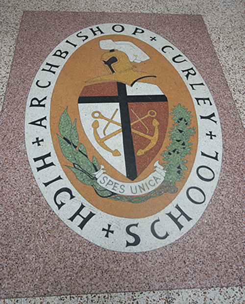 The seal of Archbishop Curley High School, founded along with all-girls Notre Dame Academy in 1953. The two schools merged into the Buena Vista campus of Archbishop Curley in 1981, then merged again with Msgr. Edward Pace High in Miami Gardens in the fall of 2017.