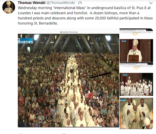 Archbishop Thomas Wenski posted these photos on his Twitter account (@ThomasWenski) after celebrating the July 3, 2019 International Mass at the underground basilica in Lourdes, France.