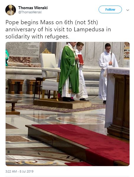 Archbishop Thomas Wenski posted this photo on his Twitter account July 8, 2019, from his vantage point on the altar during the Mass celebrated by Pope Francis with migrants and refugees.