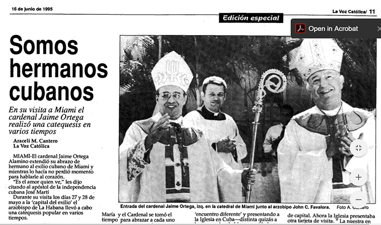Partial image of the coverage of Cardinal Jaime Ortega's visit to Miami, published in the June 1995 edition of La Voz Católica.
