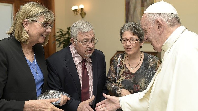 Dale Recinella and his wife Susan, left, meet with Pope Francis at the Vatican.