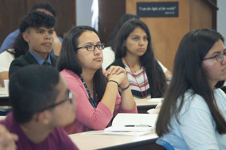 Participants at the Young Latino Summer Leadership Institute listen to talks by local Hispanic Catholic professionals during their July 20-26 stay at SEPI (Southeast Pastoral Institute).