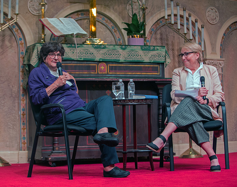 Sister Helen Prejean, of the Congregation of St. Joseph, discusses her new book with Coral Gables Congregational Church's senior pastor, Dr. Laurie Hafner.