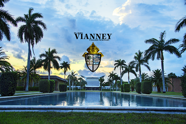 Entrance to St. John Vianney College Seminary, with St. Raphael Chapel in the background.