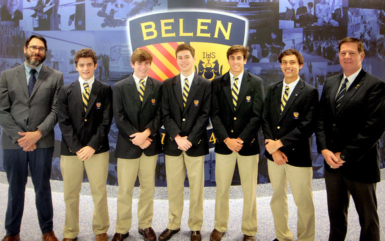 Five students of the Belen Jesuit Preparatory School in Miami, chosen as National Merit Commended Students, pose with school officials. At left is assistant principal Ramon Nicosia, with principal Jose E. Roca at the right.