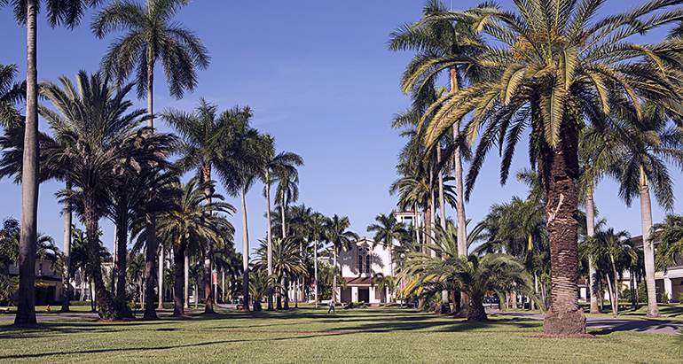 View of the mall at Barry University, with the Cor Jesu Chapel in the background.