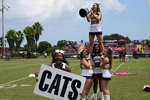 St. Thomas University cheerleaders root for the Bobcats at their first game Sept. 7.