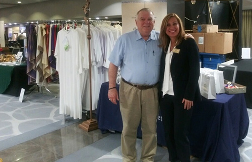 Catholic Cemeteries counselor Liliana Abaunza meets with Archbishop Thomas Wenski at the archdiocesan priest convocation in Miami, Sept. 18. The cemeteries are thankful to be part of this unique opportunity to interact with the priests of the diocese and are very grateful to the archbishop for his continued support of our mission.