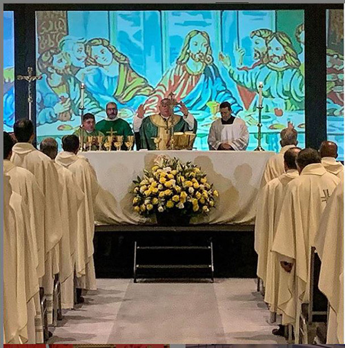 Photograph posted by Archbishop Thomas Wenski on his Instagram page (@thomaswenski), showing him celebrating Mass Sept. 18 for archdiocesan priests gathered for their annual convocation.