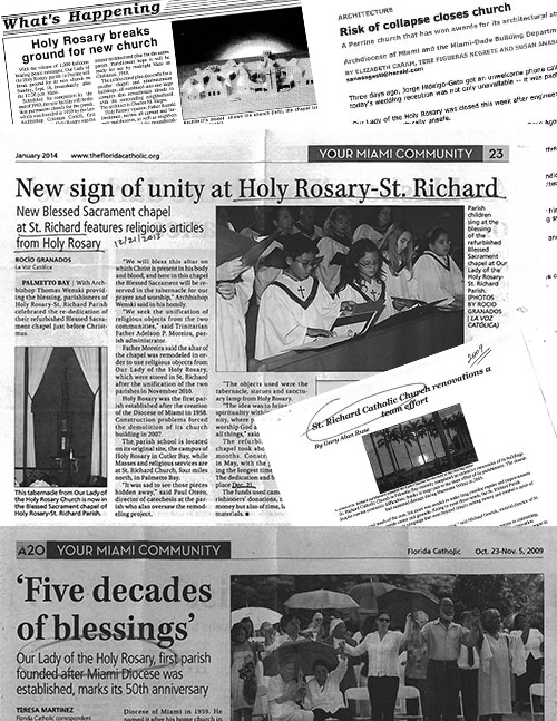 Iamgen con recortes de noticias de las parroquias de Our Lady of the Holy Rosary y St. Richard.