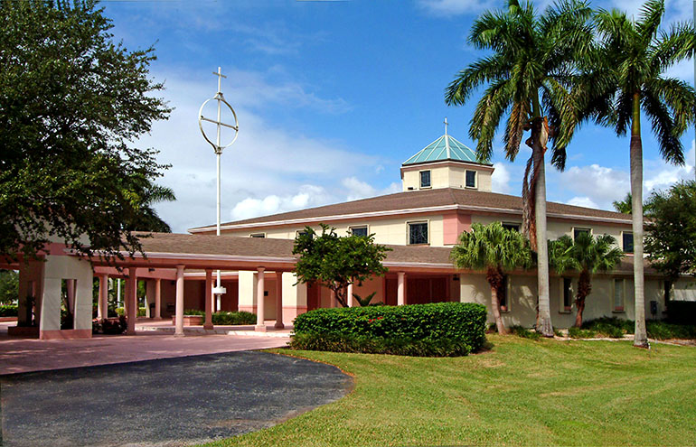 Exterior view of St. Richard Church. The merged parish of Our Lady of the Holy Rosary-St. Richard gathers for liturgies at St. Richard Church, but Our Lady of the Holy Rosary-St. Richard School is located four miles away at the original site of Our Lady of the Holy Rosary Church.