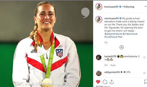 Mónica Puig agradeció a "los educadores de mi escuela primaria" en su cuenta de Instagram después de ganar una medalla de oro olímpica en tenis, la primera para su país de origen, Puerto Rico, en los Juegos Olímpicos de 2016.