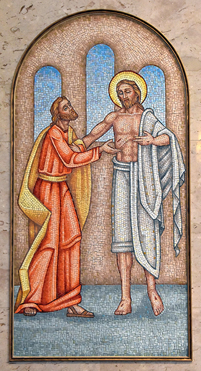 In this mosaic at Our Lady Queen of Heaven in North Lauderdale, the apostle Thomas is humbled as the resurrected Jesus shows the wounds he suffered on Calvary. The Bible says Thomas burst out with, "My Lord and my God!"