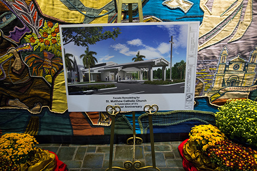 Rendering of a new entrance for St. Matthew Church is on display in the church during the parish's 60th anniversary celebration.