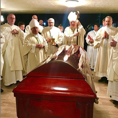 Archbishop Thomas Wenski, Auxiliary Bishop Enrique Delgado, archdiocesan priests and deacons bid a final farewell to Father Patrick Murnane after his funeral Mass at Nativity Church in Hollywood, where he served as pastor for nearly 30 years. The funeral was celebrated Oct. 11, 2019.