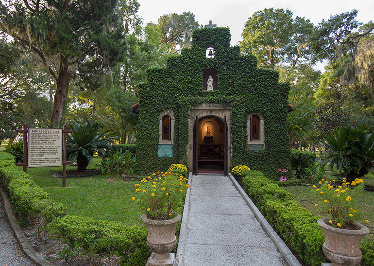 Exterior view of the historic chapel at the National Shrine of Our Lady of La Leche, located on the grounds of Mission Nombre de Dios in St. Augustine. The shrine was established in 1609, a devotion brought to the U.S. by the Spanish explorers and missionaries.