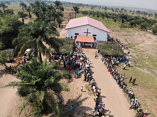 View of new brick St. Pauline of the Agonizing Heart of Jesus Church in the Kasai-Oriental village of Mpiana Nita, constructed by Hope for Kasai and funded by private donations earmarked for evangelization.