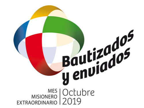 Una cruz misionera cuyos colores tradicionales recuerdan los cinco continentes: este es el logo del Mes Misionero Extraordinario de octubre de 2019. La cruz es el instrumento y el signo eficaz de la comunión entre Dios y los hombres para la universalidad de la misión: es luminosa, llena de color, signo de la victoria y de la resurrección. El mundo es transparente, porque la actividad evangelizadora no tiene barreras ni límites: es fruto del Espíritu Santo. La caridad cristiana y el mundo transfigurado en el Espíritu superan las distancias y abren la mirada de nuestra mente y corazón. Las palabras “Bautizados y enviados”, que acompañan la imagen, indican los dos elementos característicos de cada cristiano: el bautismo y el anuncio.