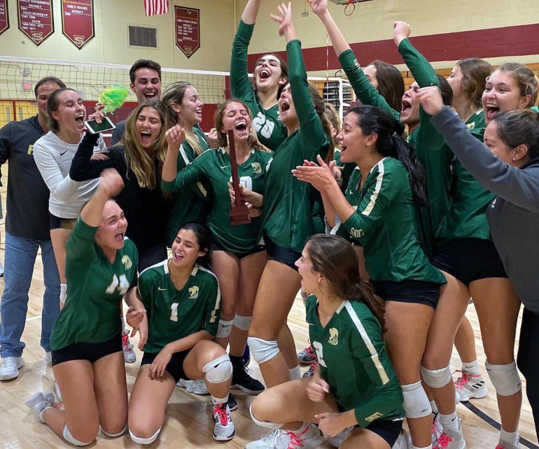 Immaculata La Salle's Lady Royals celebrate their win against MAST Academy at the 2019 Girls Volleyball District Championship in 4A District 15, held October 17.