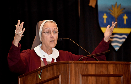 Mother Adela Galindo, of the Servants of the Pierced Hearts of Jesus and Mary, urges her listeners at the Catechetical Conference in Miami to uphold family values.