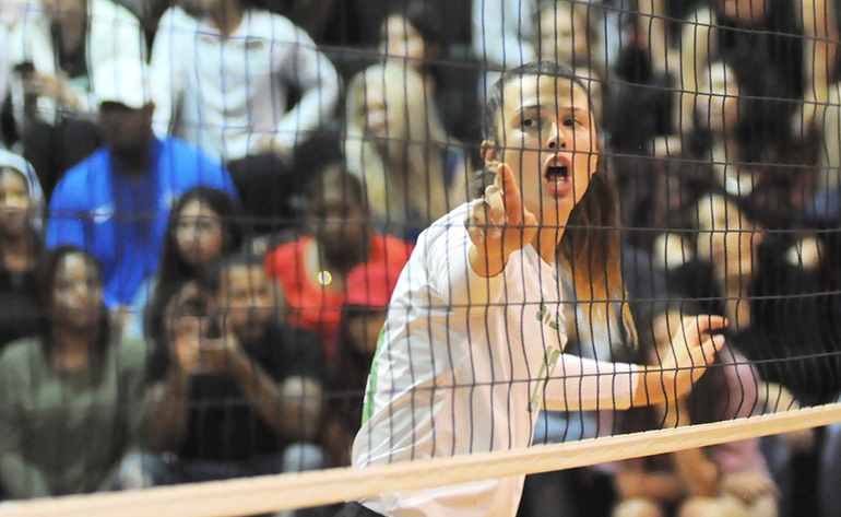 St. Brendan middle blocker Juliana Lentz calls a blocking scheme during Game 2 of St. Brendan's 25-15, 25-19, 25-21 loss to No. 1-ranked Orlando Lake Highland Prep in the teams' Class 4A state semifinal girls volleyball match at Wang Gymnasium in Orlando, Nov. 9, 2019. St. Brendan had reached the state semifinals for the first time since a state finals berth in 1980.