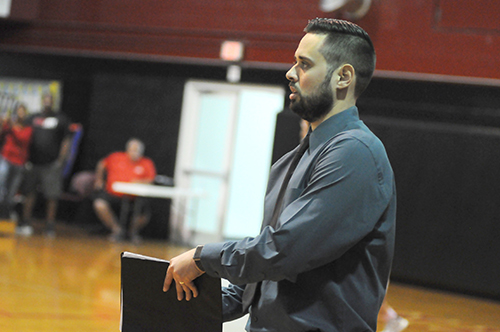 St. Brendan coach Emilio Urgell calls a serve during Game 3 of St. Brendan's 25-15, 25-19, 25-21 loss to No. 1-ranked Orlando Lake Highland Prep in the teams' Class 4A state semifinal girls volleyball match at Wang Gymnasium in Orlando, Nov. 9, 2019. St. Brendan had reached the state semifinals for the first time since a state finals berth in 1980.