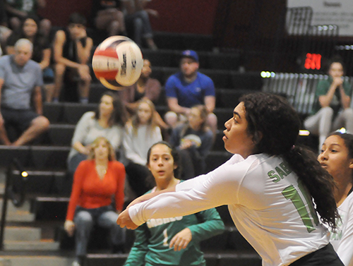 St. Brendan outside hitter Emily Diaz tries to pass a serve to the setter in Game 1 of St. Brendan's 25-15, 25-19, 25-21 loss to No. 1-ranked Orlando Lake Highland Prep in the teams' Class 4A state semifinal girls volleyball match at Wang Gymnasium in Orlando, Nov. 9, 2019. St. Brendan had reached the state semifinals for the first time since a state finals berth in 1980.