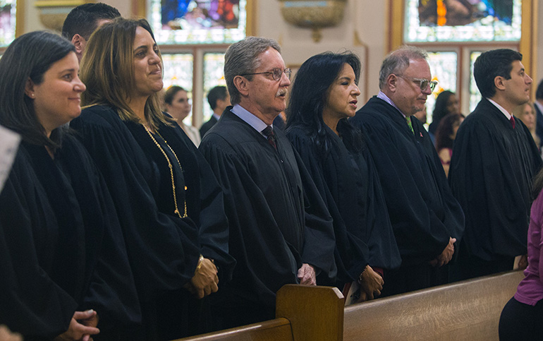 Taking part in the Red Mass, from left: County Court Judge Eleane Sosa-Bruzon, Circuit Court Judge Victoria del Pino, Circuit Court Judge John Thornton, Jr., Circuit Court Judge Beatrice Butchko, Circuit Court Judge Martin Zilber, and U.S. District Court Judge Rudy Ruiz.
Archbishop Thomas Wenski celebrated the annual Red Mass of the Holy Spirit for the Miami Catholic Lawyers Guild Oct. 24, 2019 at Gesu Church, Miami.
