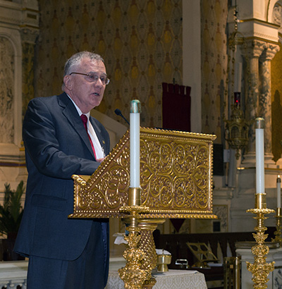 Frank Sexton, president of the Miami Catholic Lawyers Guild, addresses the congregation after the Red Mass.
Archbishop Thomas Wenski celebrated the annual Red Mass of the Holy Spirit for the Miami Catholic Lawyers Guild Oct. 24, 2019 at Gesu Church, Miami.
