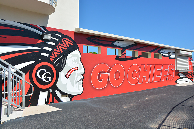 The Chief mural, designed by renowned marine-life artist and Cardinal Gibbons alumnus Dennis Friel â€˜92, that was installed on the south side of the baseball dugout in honor of the Gunther family.