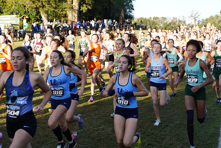 Our Lady of Lourdes Academy's Ashley Williams (#916) and Alana Maria Batista (#910) run in the 5K cross country state championship finals for Class 4A, held Nov. 9, 2019 in Tallahassee. The Bobcats took third place in the state meet.