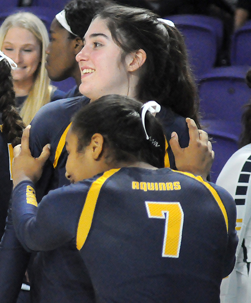 Gabriella Marzano and Liah Perez hype each other up  before St. Thomas Aquinas' Class 6A girls volleyball state final vs. Tallahassee Leon, Nov. 15, 2019 at Suncoast Credit Union Arena in Fort Myers. Leon won the match 18-25, 25-10, 25-22, 26-24 for its second title.