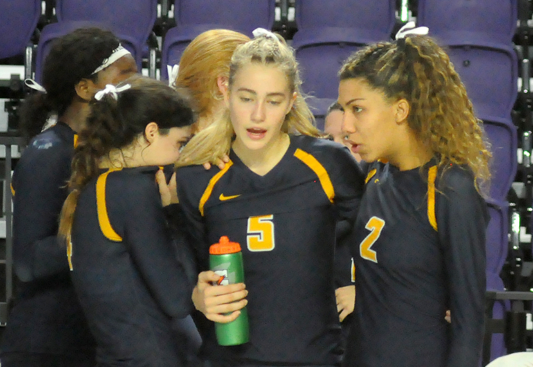 St. Thomas Aquinas' Isabella Riquezes, left, Meredith Dixon (5) and Mya Bowers (2) console each other after their Class 6A girls volleyball state final vs. Tallahassee Leon, Nov. 15, 2019 at Suncoast Credit Union Arena in Fort Myers. Leon won the match 18-25, 25-10, 25-22, 26-24 for its second title.