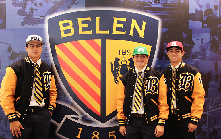 From left, the Belen Jesuit student-athletes who signed their national letters of intent to play baseball at the collegiate level: Alex Morales, Rutgers University; Christian Eiroa, Florida International University; and Roger Cainzos, Manhattan College.