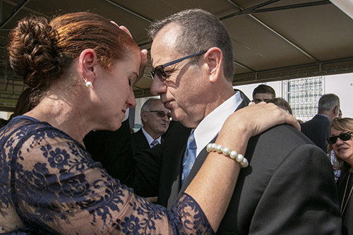 Deacon Jorge Matamala, of Our Lady of Lourdes parish in Miami, blesses his wife, Mariela, at the reception that followed his ordination. Archbishop Thomas Wenski ordained nine more permanent deacons for the Archdiocese of Miami at St. Mary Cathedral, Dec. 14, 2019.