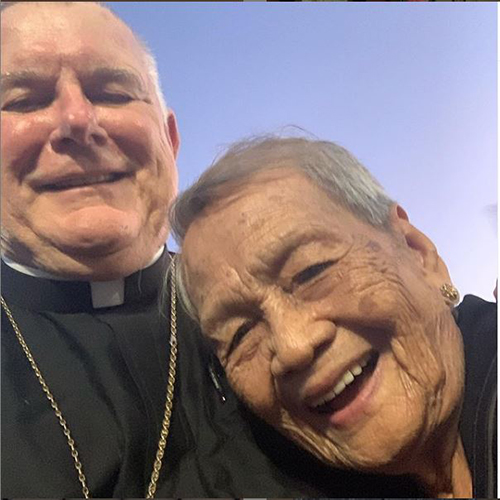 Archbishop Thomas Wenski took this selfie with Liza, a "Pinay" - Filipina lady - who recently celebrated her 100th birthday. She was attending Santo Niño Mass at St. Bernard Church in Sunrise, Jan. 19, 2020.