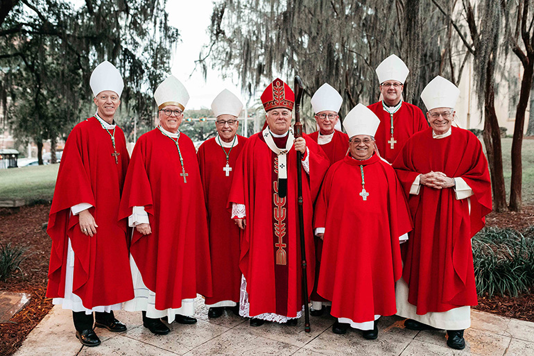 Florida's bishops prepare to celebrate the annual Red Mass at the Co-Cathedral of St. Thomas More in Tallahassee. From left: Bishop William A. Wack of Pensacola-Tallahassee; Bishop Frank J. Dewane of Venice; Bishop Felipe Estevez of St. Augustine; Archbishop Thomas Wenski of Miami; Bishop John Noonan of Orlando; Auxiliary Bishop Enrique E. Delgado of Miami; Bishop Gregory L. Parkes of St. Petersburg; and Bishop Gerald M. Barbarito of Palm Beach.