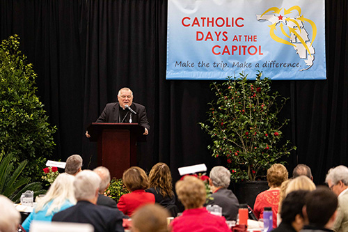 Archbishop Thomas Wenski speaks to participants at the 2020 Catholic Days at the Capitol legislative breakfast, where the bishops outlined the Church's priorities for laws that protect human life and enhance human dignity.