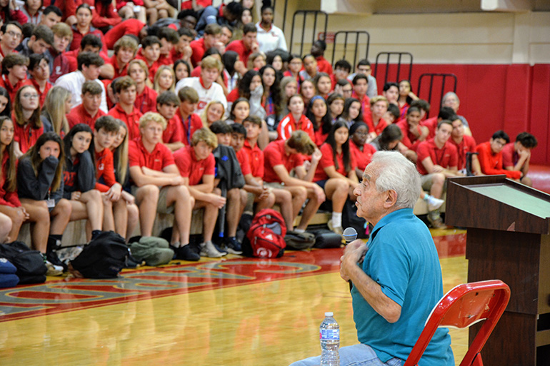 Holocaust survivor Bernard Igielski, 93, shares his story with juniors and seniors at Cardinal Gibbons High School in Fort Lauderdale, Feb. 20, 2020.