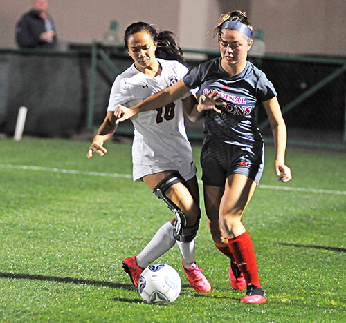 Cardinal Gibbons defender Heather Astle, right, and Bishop Kenny midfielder Sophia Hayag battle for the ball during the second half of the Feb. 26, 2020 FHSAA girls soccer state-championship match at Spec Martin Stadium in DeLand. Bishop Kenny won 2-1.