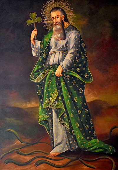 A painting inside the church office shows a haloed, ornately robed St. Patrick driving snakes out of Ireland.