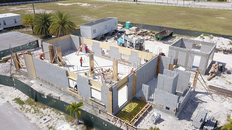 This is an aerial photo of ongoing progress at the new office and rectory at San Pablo in Marathon Key. Note the social distance between the workers in the photo.