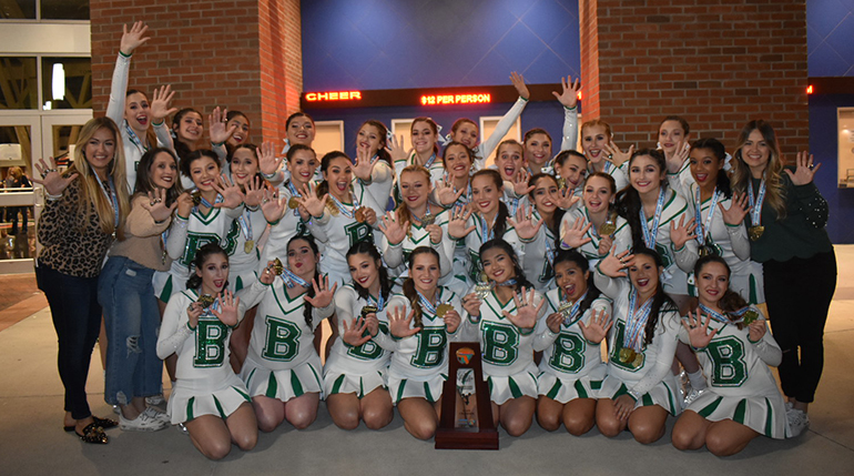 St. Brendan Sabres give the "five" sign after winning their fifth consecutive state title in competitive cheerleading Feb. 1, 2020, in the Class 1A extra-large varsity division.