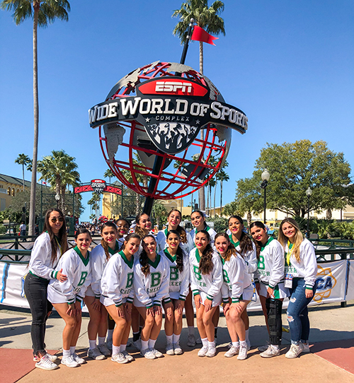 St. Brendan Sabres pose outside ESPN's Wide World of Sports pavilion in Orlando after earning fourth place in the Super Varsity Division II category at the UCA National High School Cheerleading Championship, held Feb. 7-9, 2020 in Orlando.