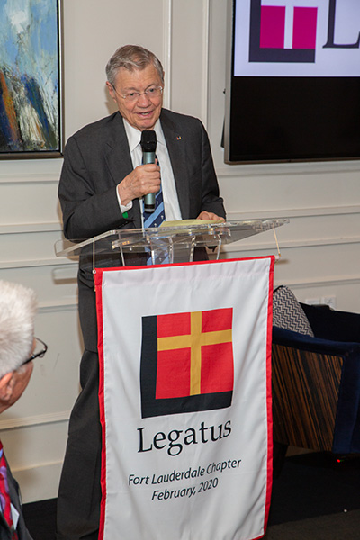 Thomas Monaghan, the Catholic businessman who created Legatus, speaks to founding members after the chartering Mass for the Broward chapter, Feb. 19, 2020, in St. Sebastian Church, Fort Lauderdale.