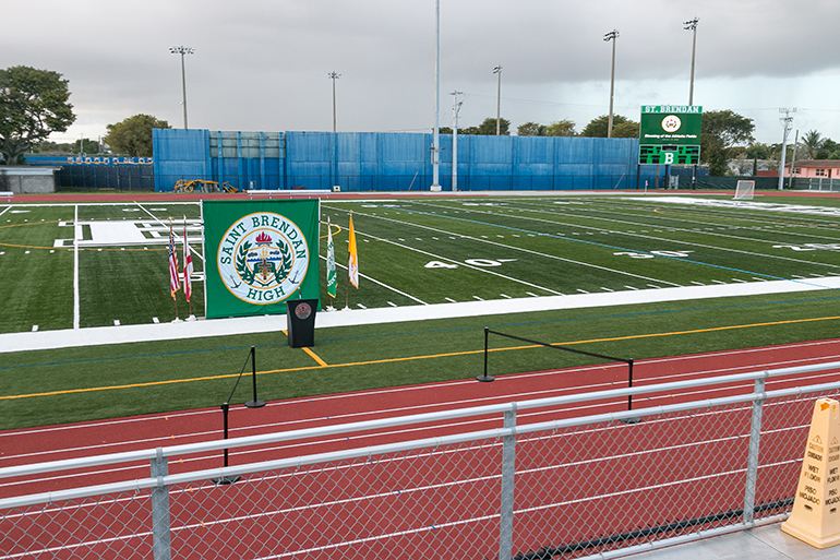 View of the synthetic turf football, soccer and lacrosse field at St. Brendan High School, with the NCAA-certified track, LED lighting, and grandstand for 750.
Archbishop Thomas Wenski celebrated Mass with St. Brendan High School students and staff before blessing the Miami school's new athletic fields, Feb. 19, 2020.